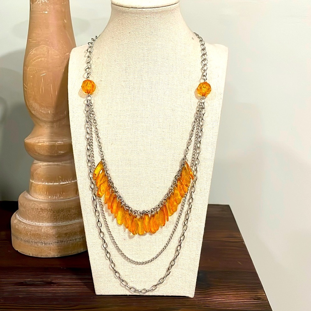 Vintage Orange teardrop acrylic beaded 3 layered silver tone necklace